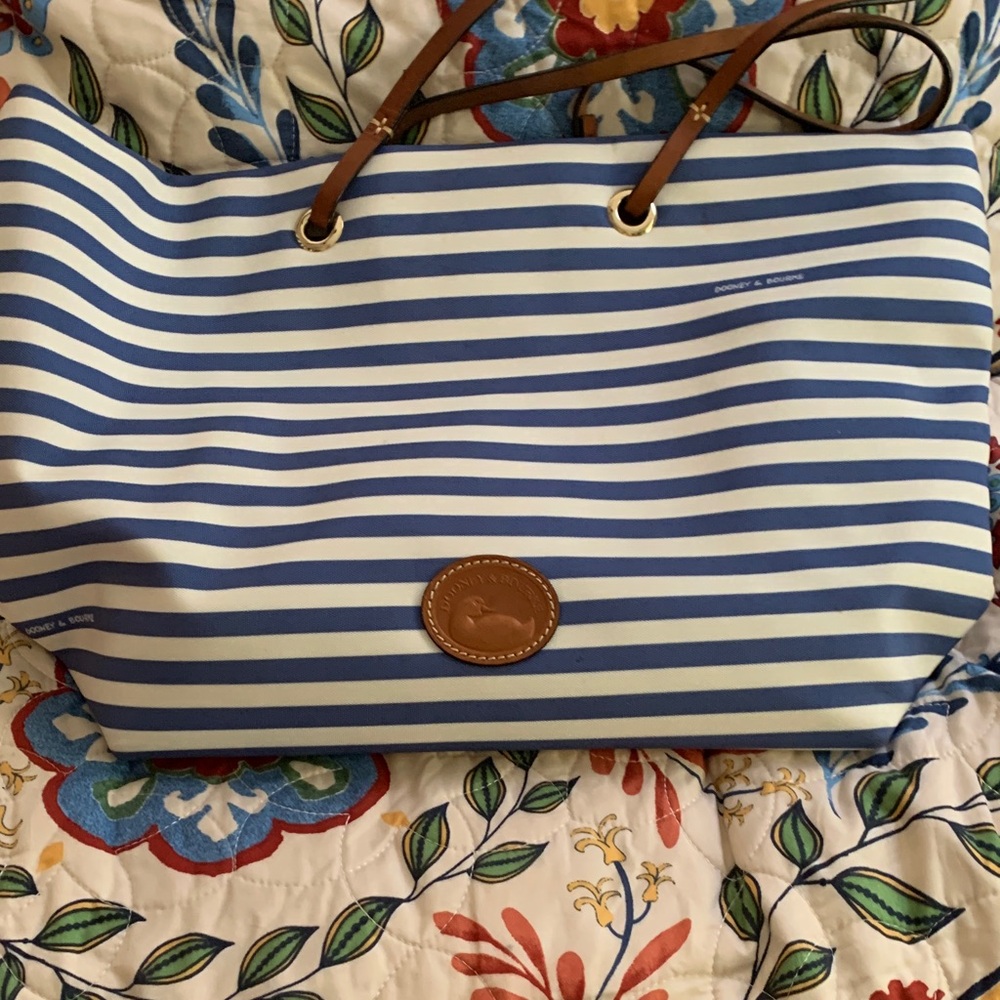Dooney & Bourke Navy and White Striped Tote with Brown Trim